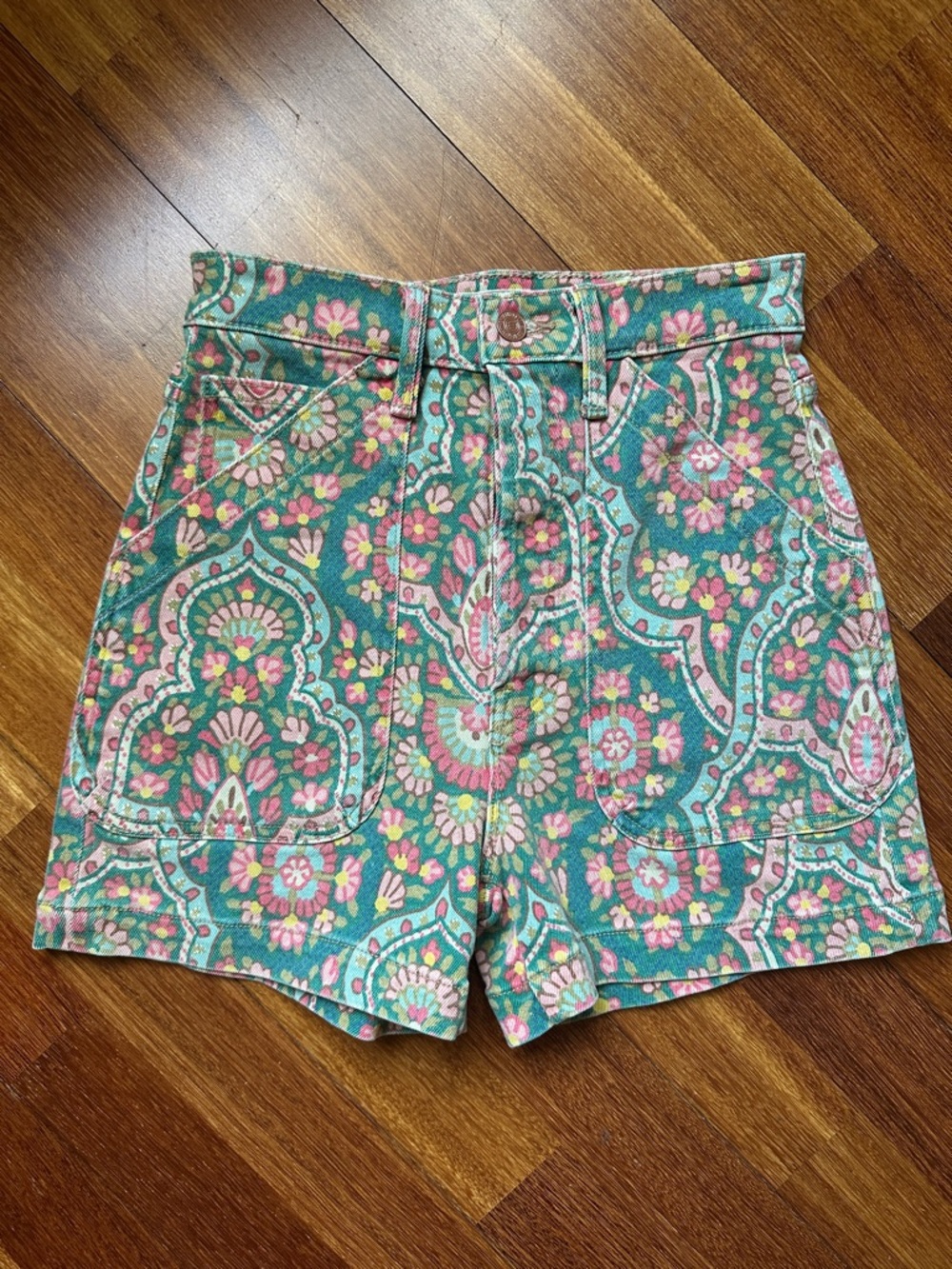 MOTHER NWOT High-Waist Floral Paisley Shorts - Teal & Pink